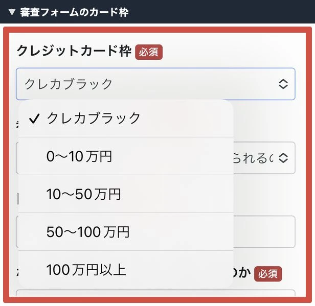 物販ONEの審査フォームでカード枠を選ぶプルダウン