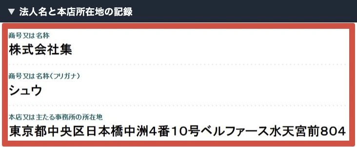 株式会社集の法人名と東京都中央区日本橋中洲の本店所在地