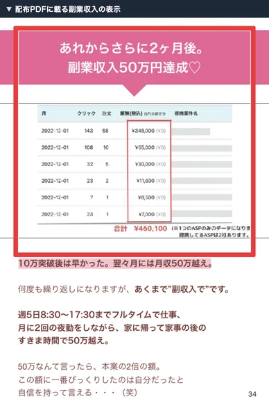 配布PDFに載る副業収入50万円と報酬画面