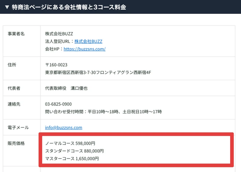 株式会社BUZZの会社情報と3コースの料金