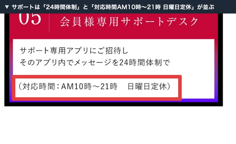 申し込みページに「そのアプリ内でメッセージを24時間体制で」と書かれたすぐ下に「(対応時間:AM10時〜21時 日曜日定休)」と書かれている画面