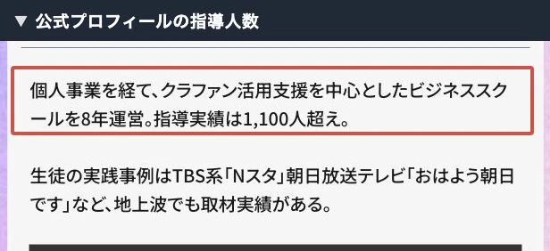 クラファンビジネスのプロフィールに掲載された清水シンゴの指導人数
