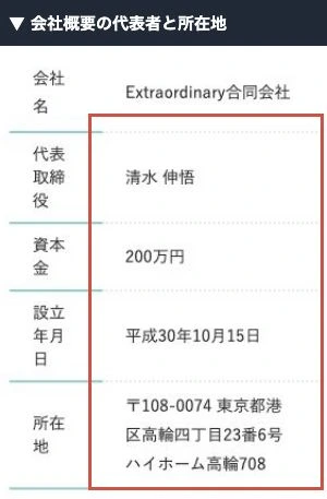 Extraordinary合同会社の会社概要にある代表者と所在地の記載