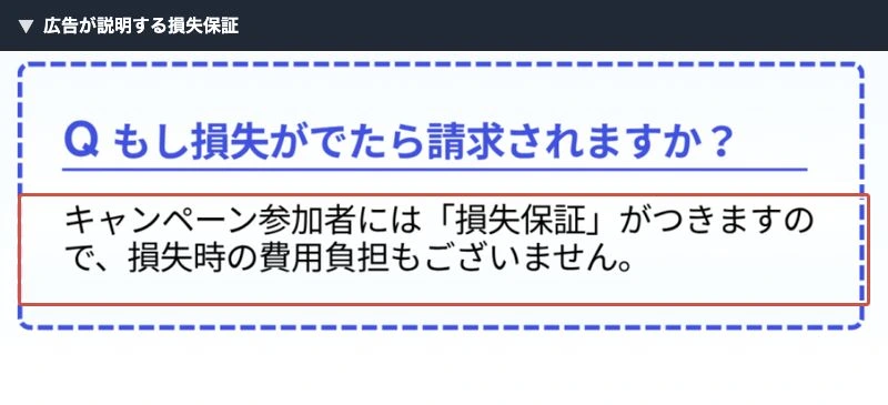 損失が出ても利用者の負担はないと説明する広告のFAQ