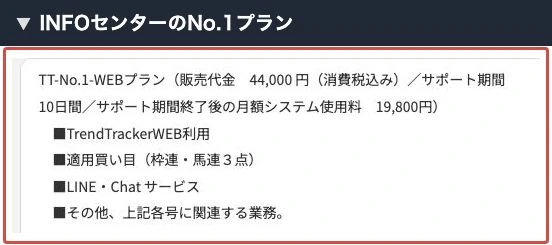 INFOセンターのNo.1プランに記載された販売代金と月額使用料