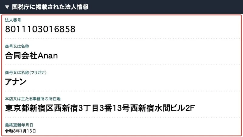 国税庁で確認した合同会社Ananの法人番号と所在地