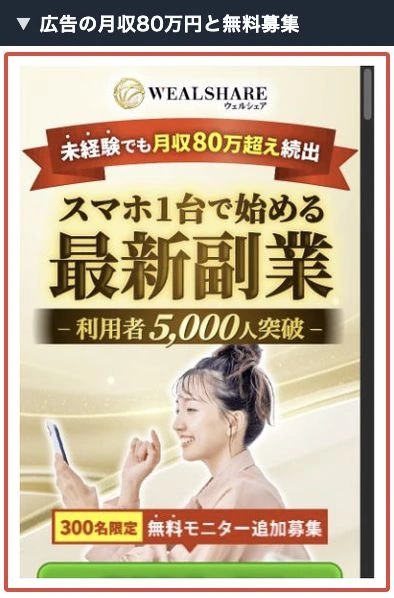 ウェルシェアの広告にある月収80万円超と無料モニターの表示