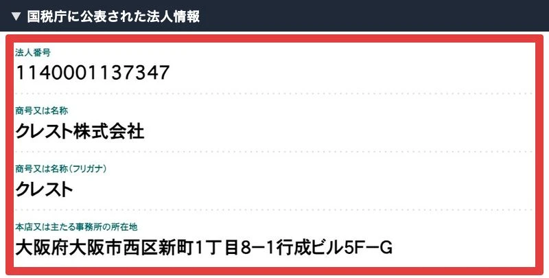 国税庁に掲載されたクレスト株式会社の法人番号と所在地