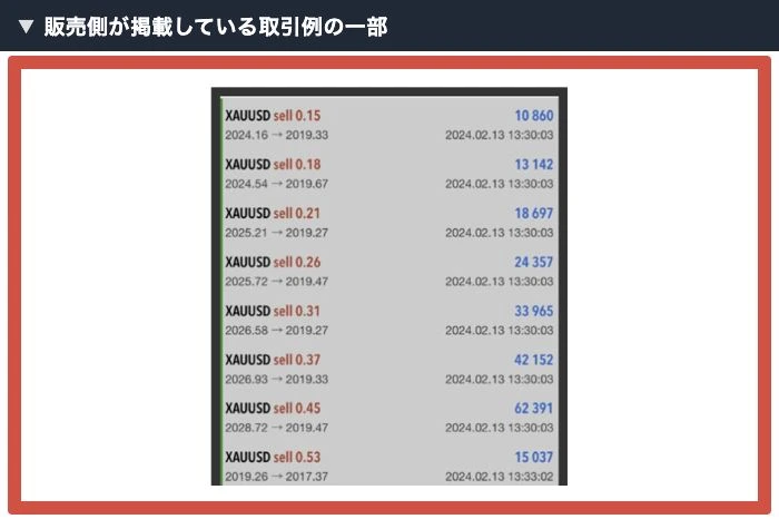ゴールドが掲載する取引履歴の一部に2024年2月13日と複数の損益数値が表示されている